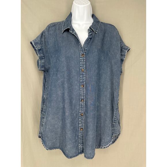 Jane Delancey Top Womens Medium Blue Chambray Button Short Sleeve Flowy - Picture 1 of 7